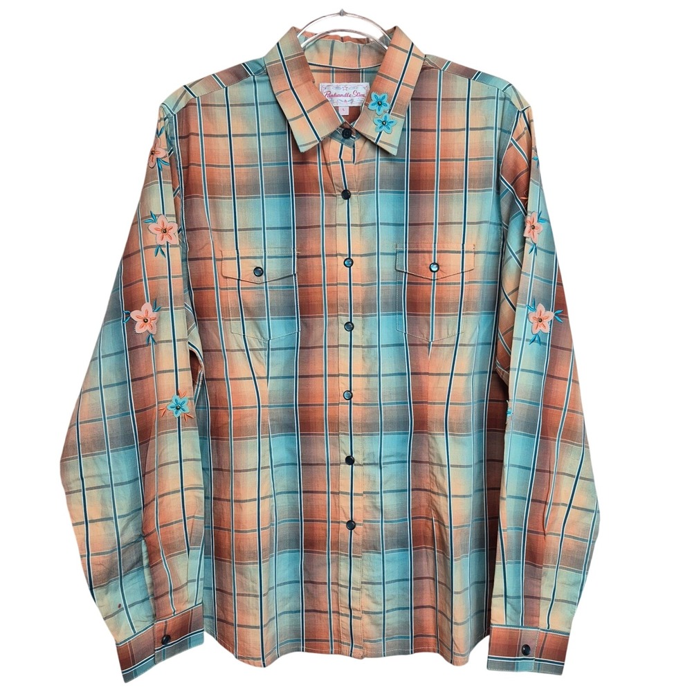 Panhandle Slim Womens L Plaid Floral Appliqué Western Pearl Snap Shirt Top